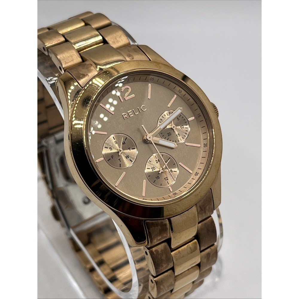 Relic Watch Unisex 36mm ZR15594 Rose Gold Tone Day Date 8.25" Band- New Battery